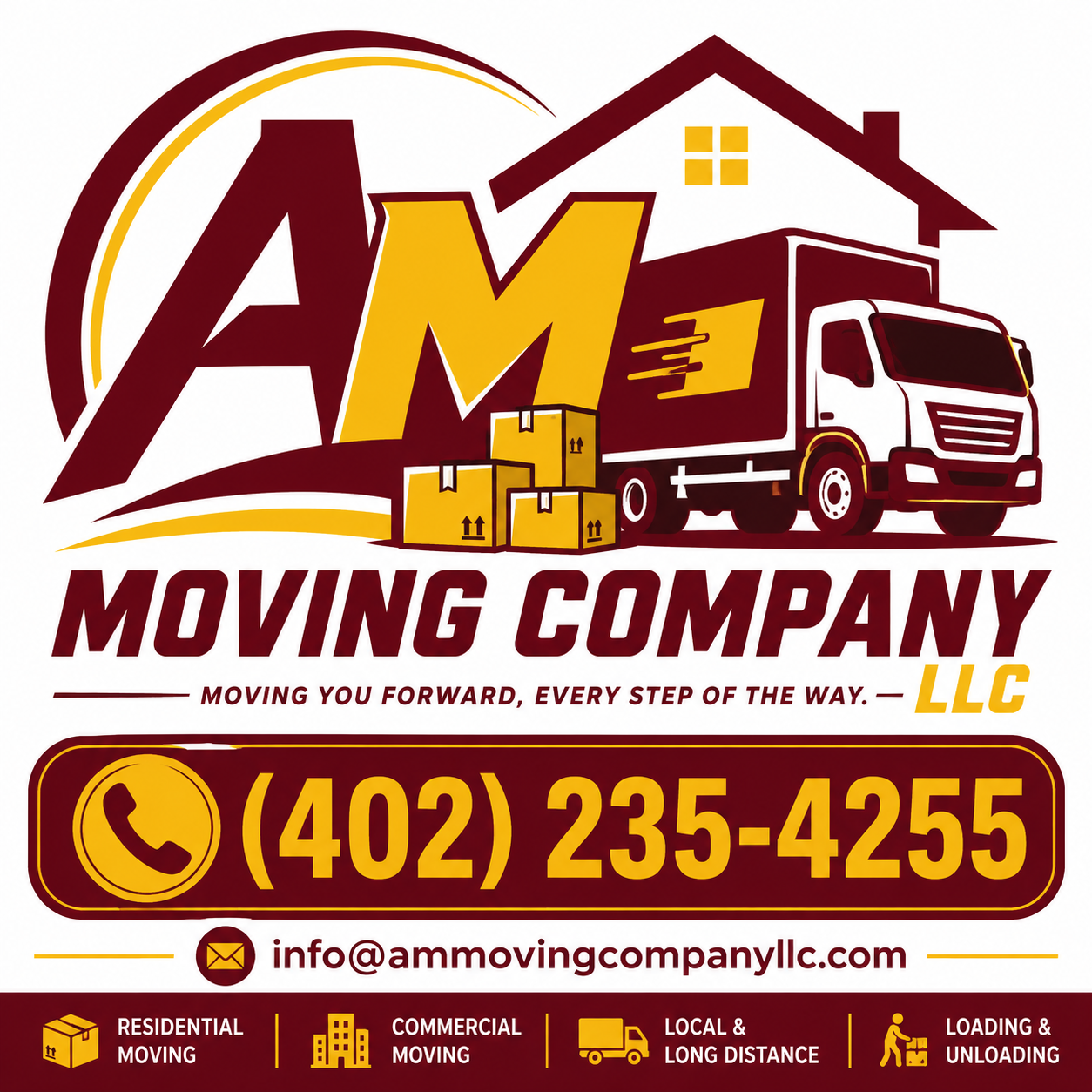 AM Moving Company LLC logo featuring a moving truck and boxes